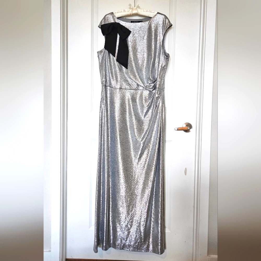 Lauren Ralph Lauren Silver Slinky Full-length dress with Black Satin Bow detail